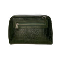 Elegant green crocodile-pattern leather clutch crossbody bag with gold hardware and detachable strap, perfect for evening or casual outings.