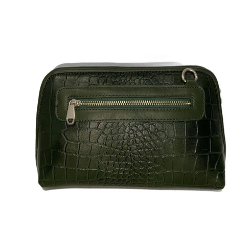 Elegant green crocodile-pattern leather clutch crossbody bag with gold hardware and detachable strap, perfect for evening or casual outings.