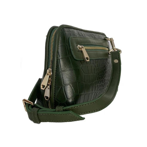 Elegant green crocodile-pattern leather clutch crossbody bag with gold hardware and detachable strap, perfect for evening or casual outings.