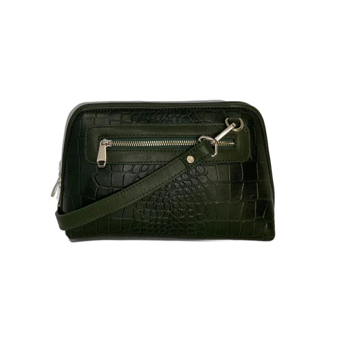 Elegant green crocodile-pattern leather clutch crossbody bag with gold hardware and detachable strap, perfect for evening or casual outings.