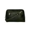 Elegant green crocodile-pattern leather clutch crossbody bag with gold hardware and detachable strap, perfect for evening or casual outings.
