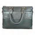 Premium gray leather laptop bag for men and women – sleek unisex professional briefcase with handle and shoulder strap for business and travel.