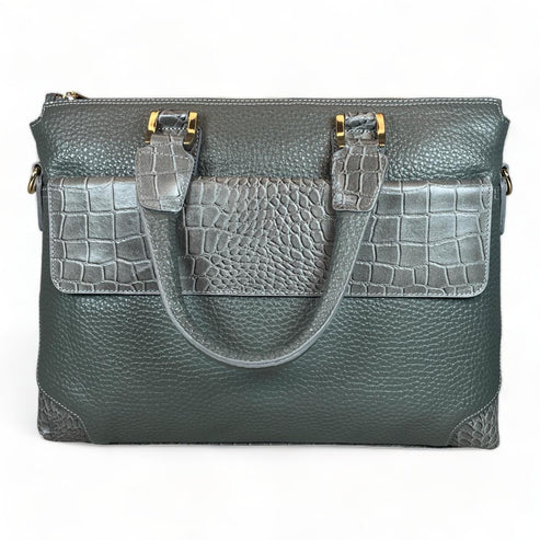 Premium gray leather laptop bag for men and women – sleek unisex professional briefcase with handle and shoulder strap for business and travel.