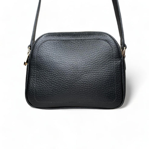 Premium black leather crossbody shoulder bag with adjustable strap, sleek minimalist design, and high-quality stitching for everyday use.
