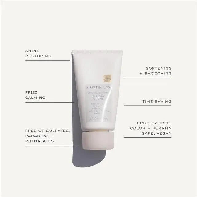 White tube of hair product with text highlighting features on a white background