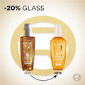 Two bottles of L'Oreal Elvive hair care products with a gold circular design and text indicating a 20% glass reduction.