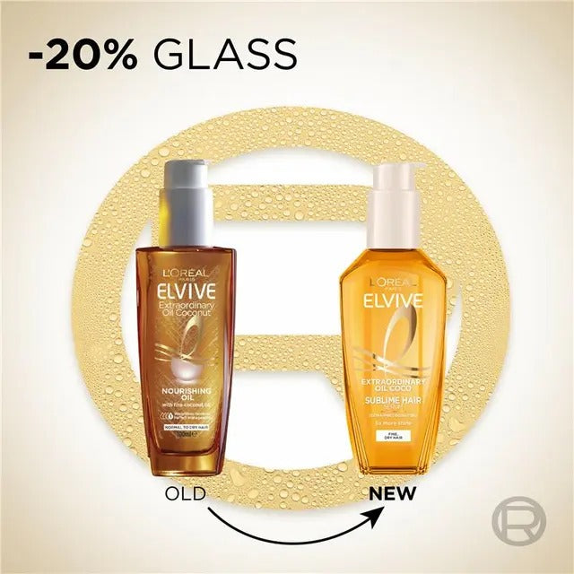 Two bottles of L'Oreal Elvive hair care products with a gold circular design and text indicating a 20% glass reduction.