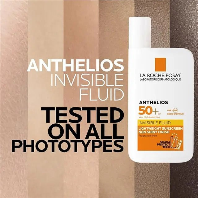 La Roche-Posay Anthelios Invisible Fluid sunscreen bottle with text on a striped background