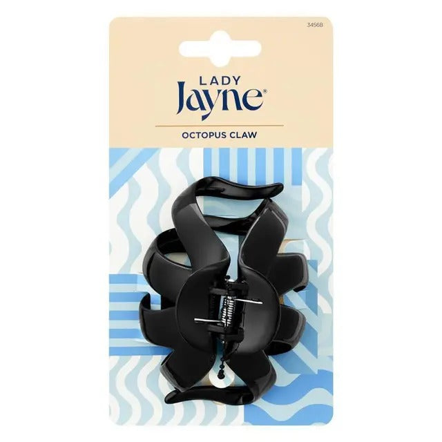 Black octopus claw hair clip on a Lady Jayne branded card with blue and white wavy pattern