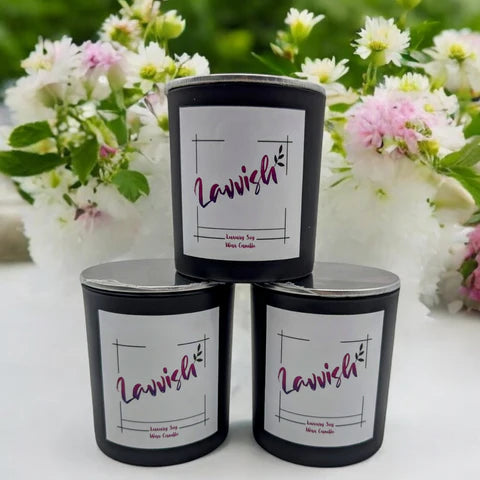 Lavvish large scented candle in elegant jar with minimalist label and soft glow, perfect for home décor and relaxation ambiance
