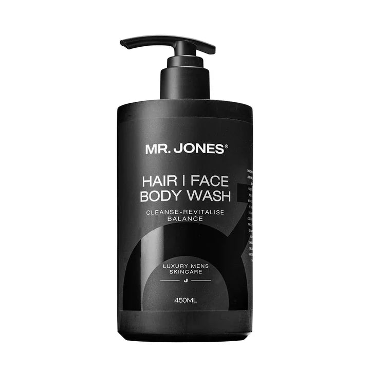 Mr Jones Men’s Hair, Face and Body Wash in sleek black packaging designed for all-in-one cleansing and grooming