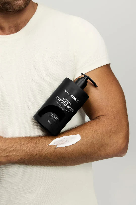 Men’s body moisturiser in sleek packaging, designed for daily hydration and smooth skin nourishment