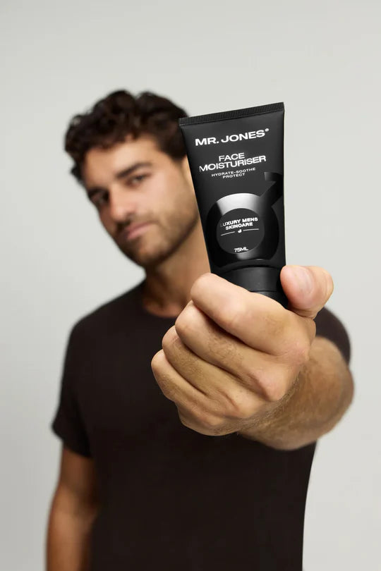 Men’s face moisturiser in sleek packaging for daily hydration, designed for smooth, healthy, and refreshed skin
