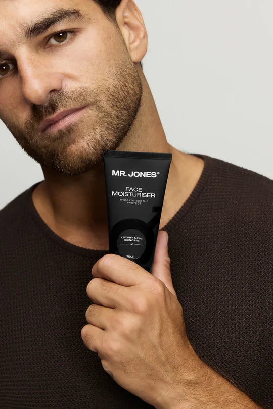 Men’s face moisturiser in sleek packaging for daily hydration, designed for smooth, healthy, and refreshed skin