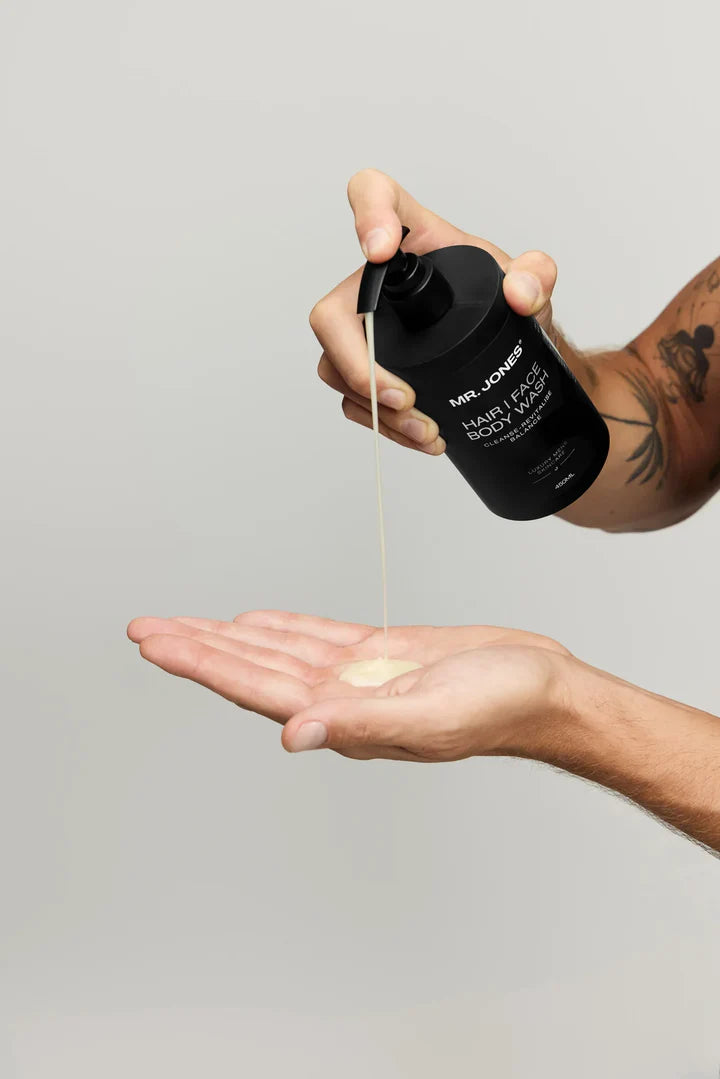 Mr Jones Men’s Hair, Face and Body Wash in sleek black packaging designed for all-in-one cleansing and grooming