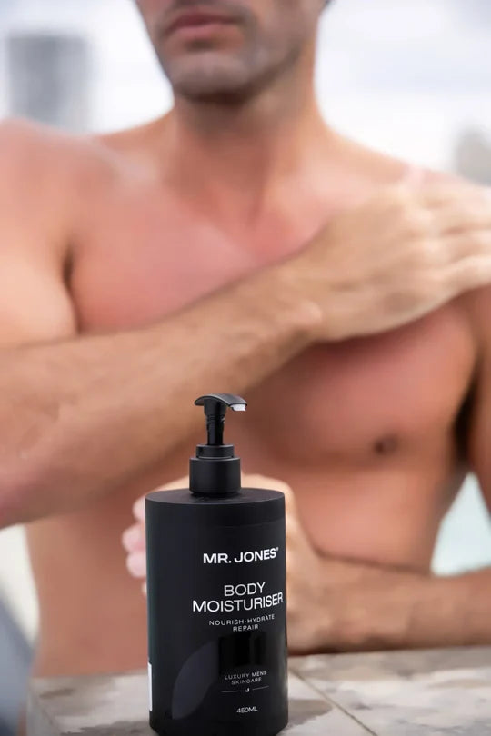 Men’s body moisturiser in sleek packaging, designed for daily hydration and smooth skin nourishment