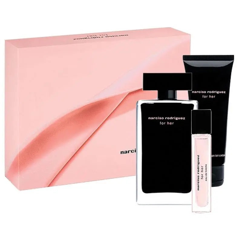 Narciso Rodriguez perfume set with a pink box on a white background
