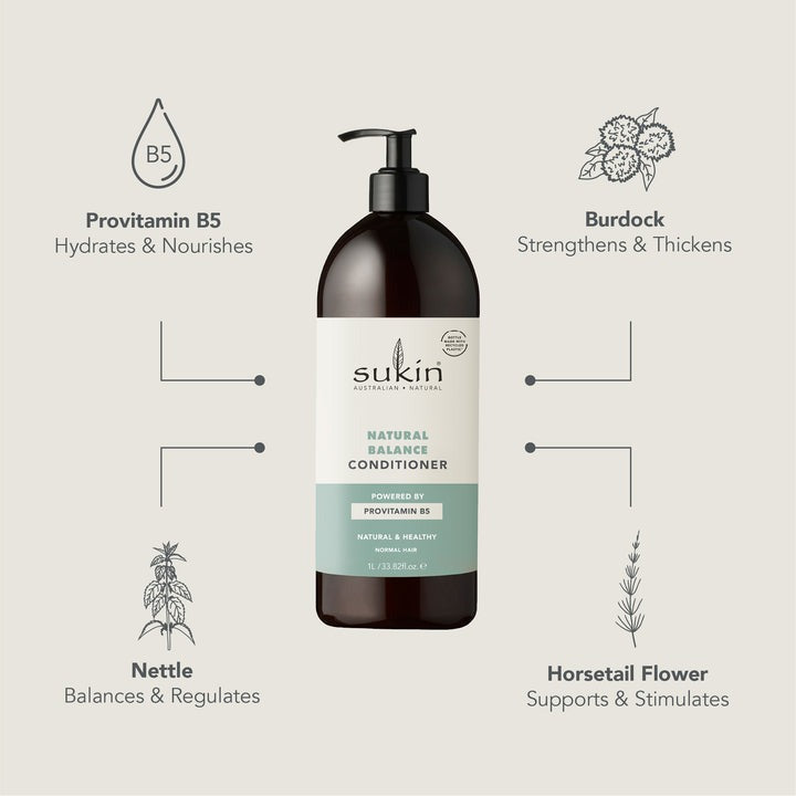 Sukin conditioner bottle with ingredient benefits on a light gray background
