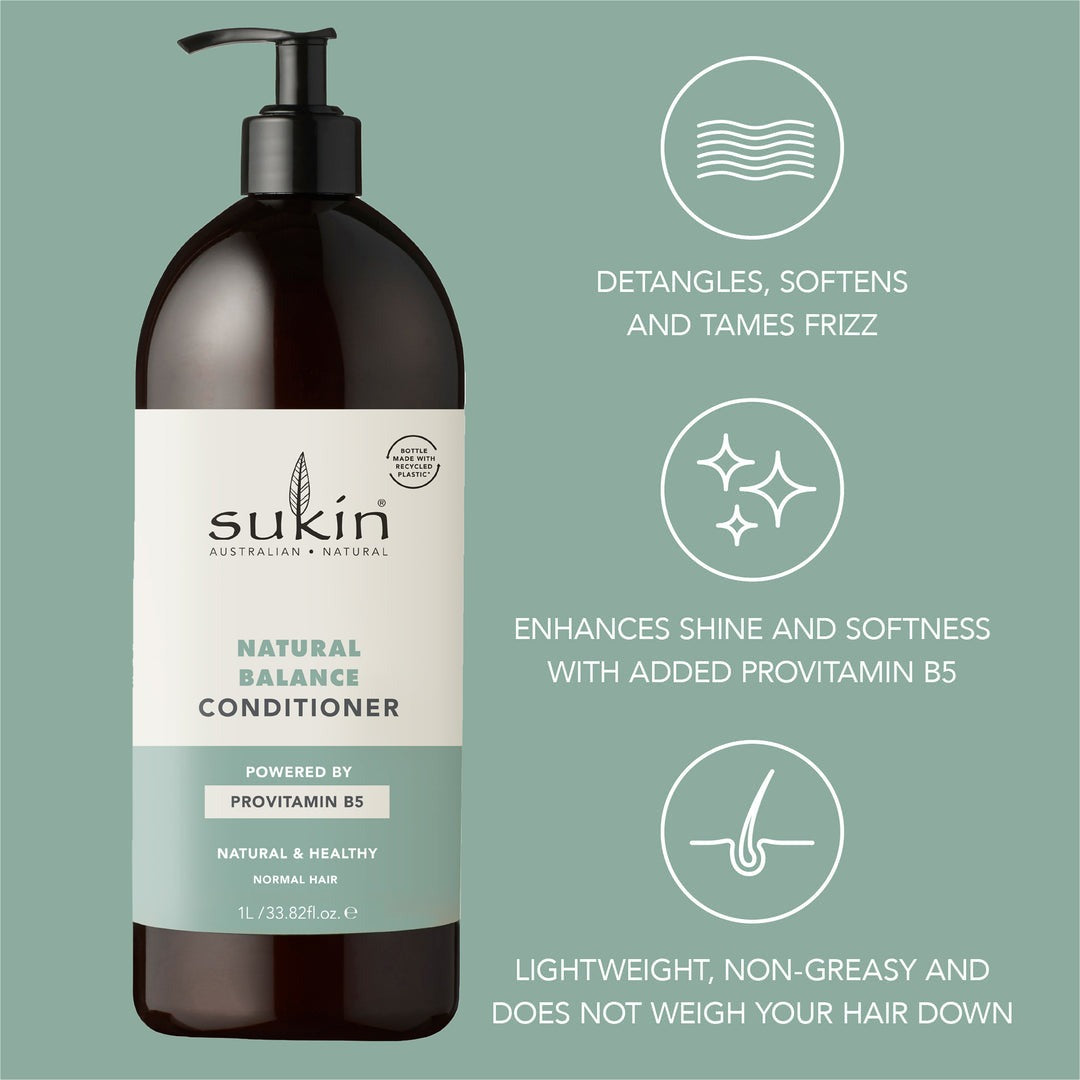 Sukin Natural Balance Conditioner bottle with product features on a green background