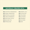 List of natural ingredients not used in a product, displayed on a beige background with a green banner.