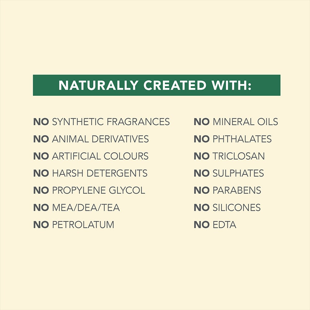 List of natural ingredients not used in a product, displayed on a beige background with a green banner.