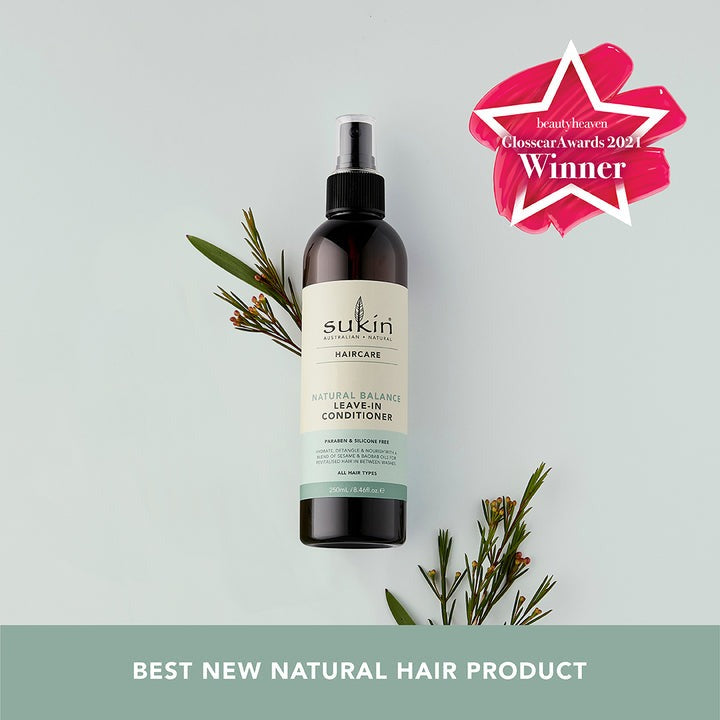 Sukin hair care product bottle with green leaves on a light gray background, featuring GlossyStar Awards 2021 winner badge.