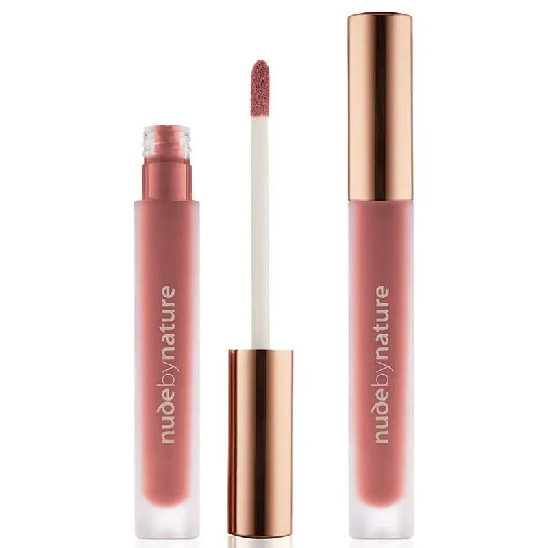 Lip gloss set with applicator and 'nude by nature' branding on a white background