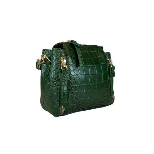 LeatherLuxe green crocodile-style mini handbag made of premium leather, featuring a sleek shoulder and crossbody strap — luxury designer accessory for women.