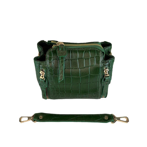 LeatherLuxe green crocodile-style mini handbag made of premium leather, featuring a sleek shoulder and crossbody strap — luxury designer accessory for women.