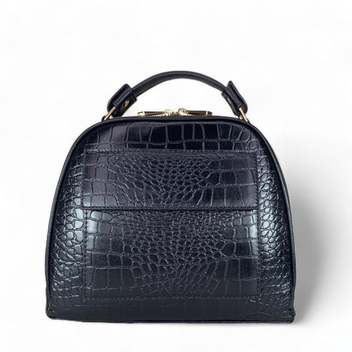 LeatherLuxe black leather women’s handbag – elegant crocodile-textured satchel bag with premium glossy finish and gold hardware.
