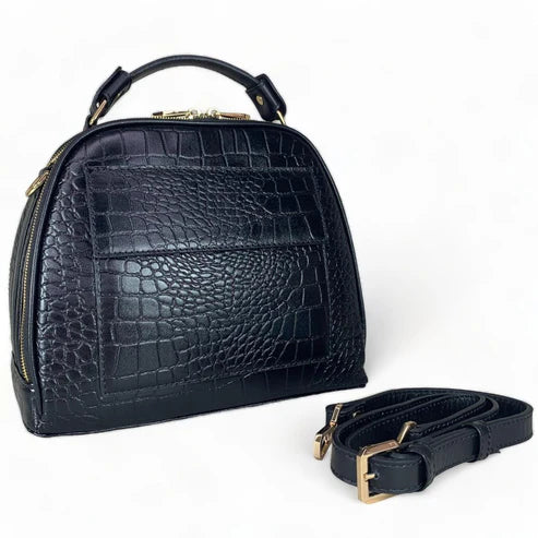 LeatherLuxe black leather women’s handbag – elegant crocodile-textured satchel bag with premium glossy finish and gold hardware.