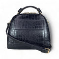 LeatherLuxe black leather women’s handbag – elegant crocodile-textured satchel bag with premium glossy finish and gold hardware.