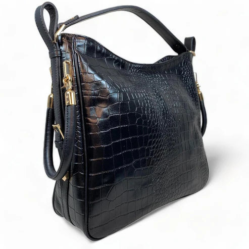 Premium black crocodile leather tote bag for women – elegant professional handbag for work and travel, featuring spacious design and luxury finish