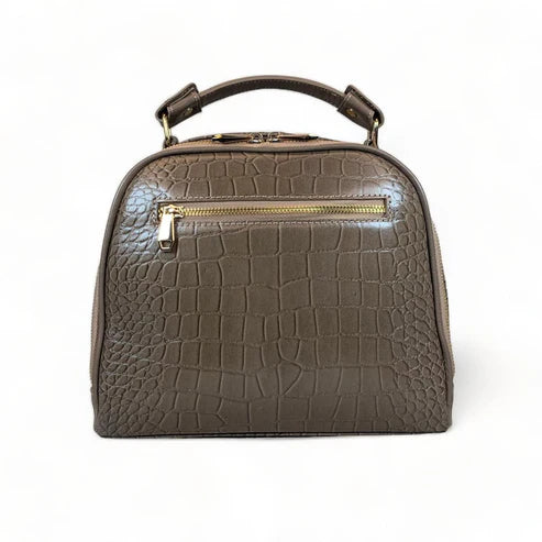Elegant khaki leather handbag for women with shoulder strap and top handle, perfect for casual and formal outfits.