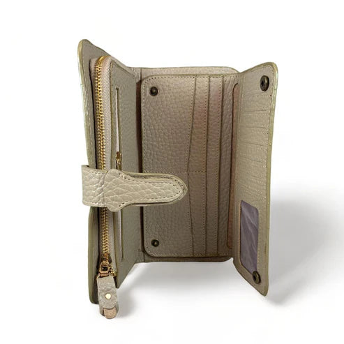 Elegant premium cream leather clutch by LeatherLuxe with sleek design and built-in phone compartment – luxury women’s accessory for everyday and evening use.