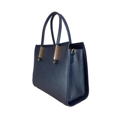 Navy blue women’s genuine leather handbag with shoulder and crossbody strap — elegant and stylish design for everyday use.