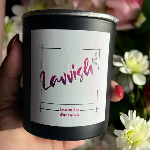 Lavvish large scented candle in elegant jar with minimalist label and soft glow, perfect for home décor and relaxation ambiance