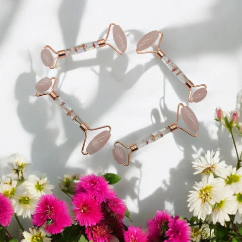 Lavvish Rose Quartz Facial Roller with box displayed on iridescent stand surrounded by small potted succulents