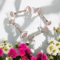 Lavvish Rose Quartz Facial Roller with box displayed on iridescent stand surrounded by small potted succulents