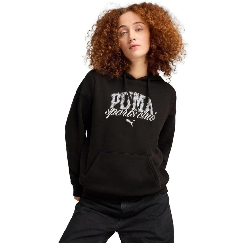 Person wearing a black Puma hoodie with the brand logo on a white background