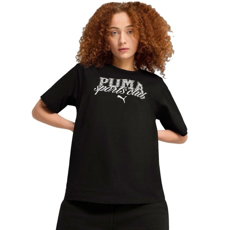 Person wearing a black Puma sports club t-shirt on a white background