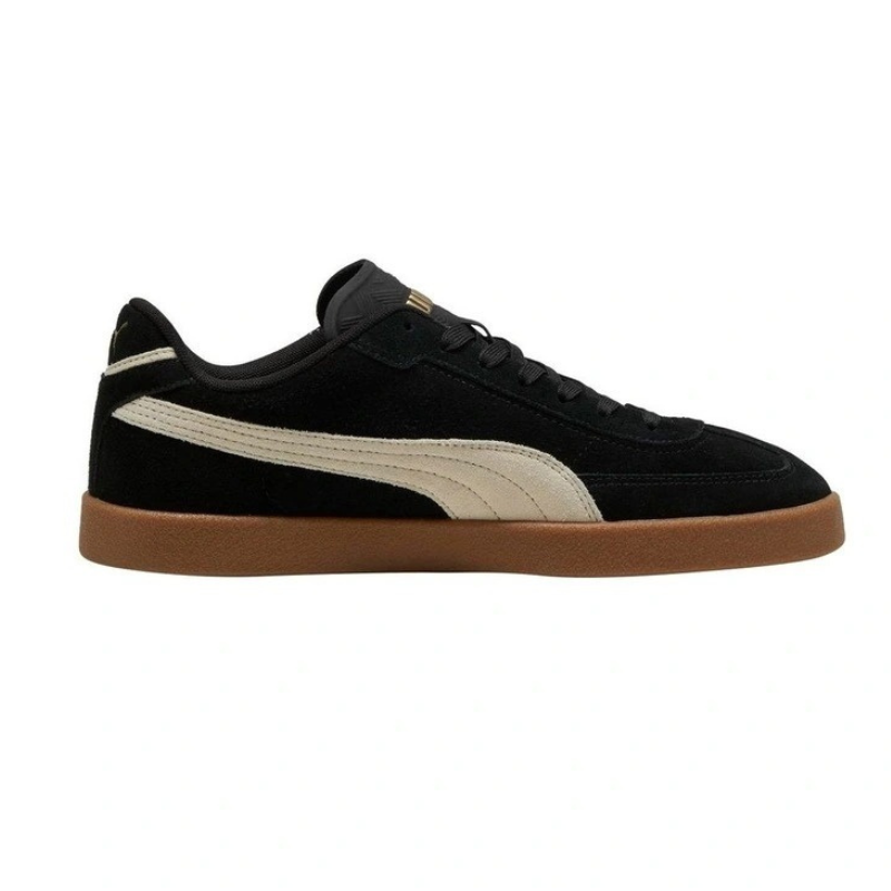 Black sneaker with white stripe and brown sole on a white background