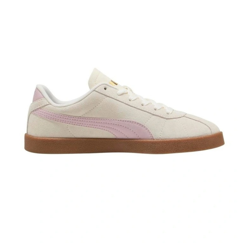 White sneaker with pink swoosh logo on a white background