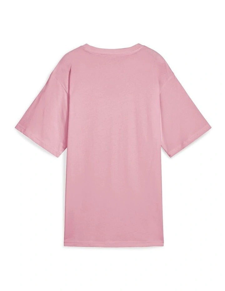 Pink t-shirt with a small logo on a white background