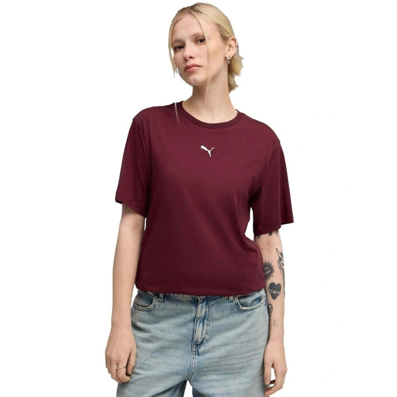 Person wearing a maroon t-shirt with a logo on a white background