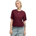 Person wearing a maroon t-shirt with a logo on a white background