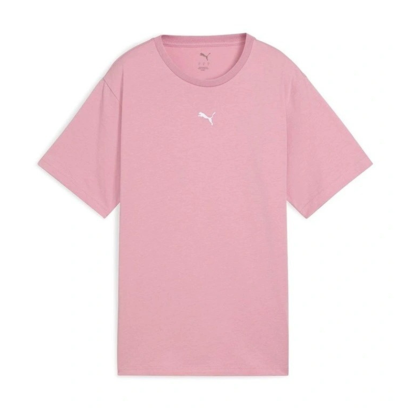Pink t-shirt with a small logo on a white background