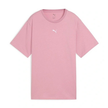 Pink t-shirt with a small logo on a white background