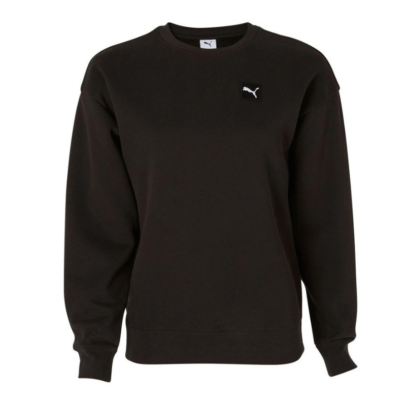 Black sweatshirt with a small logo on a white background
