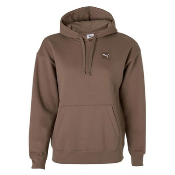Brown hoodie with a small logo on a white background